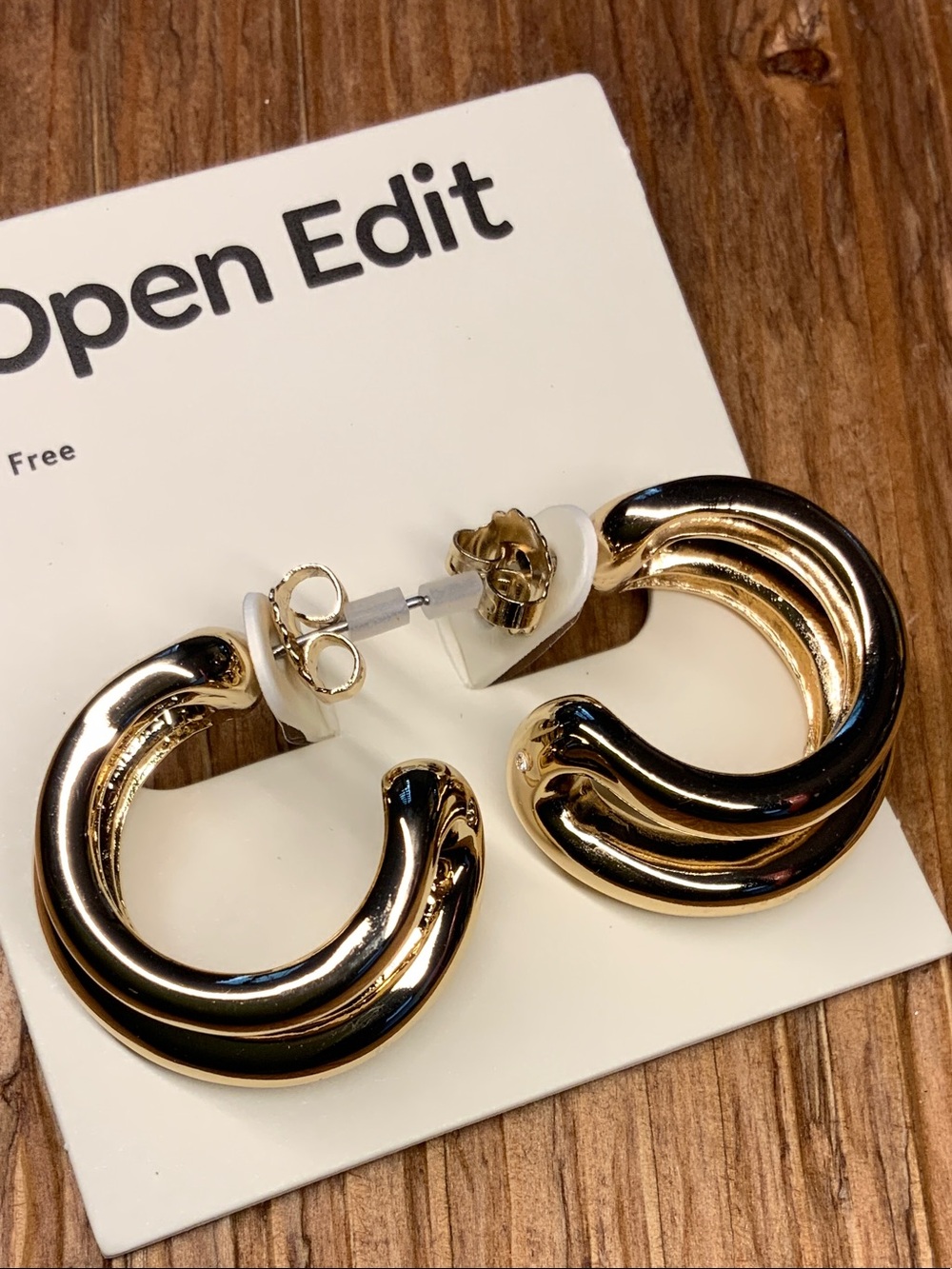 Open Edit Polished Gold Double-Ridge Hoop Earrings